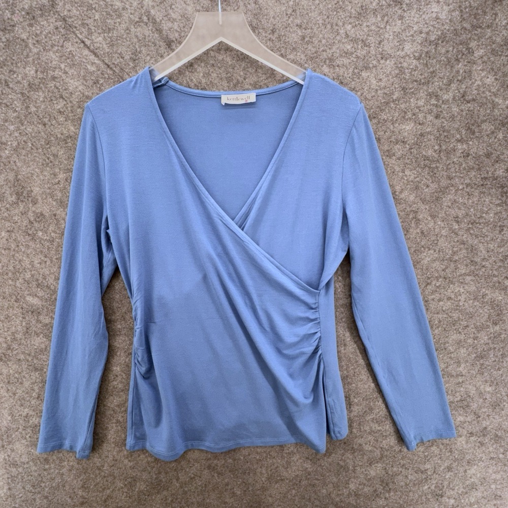 Kettlewell Womens Long Sleeve‎ Faux Wrap Top SIze M Blue Viscose Stretch Office